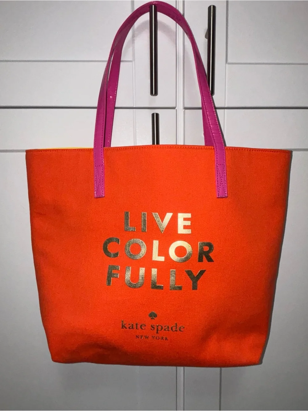 kate spade orange canvas tote with pink handles EUC